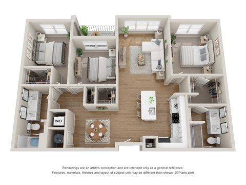 Floor plan for 3 beds, 2 baths, 1341 sqft